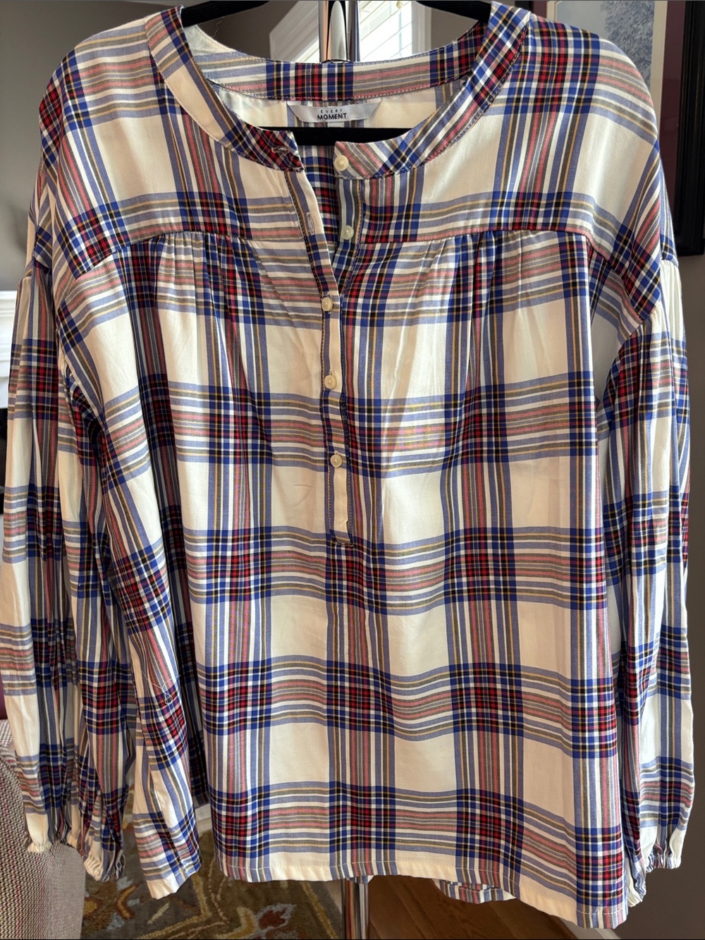Every Moment Plaid Popover Top in Cream, Blue and Red